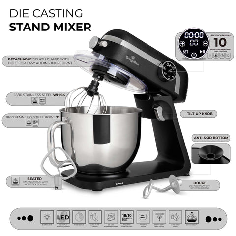 Product image of Kitchen machine. Part of the Black Vantage Collection/Matte Black Collection/Black Silver Collection . Features: • Material: cast aluminium body and stainless steel • 1800 W, 220-240V, 50/60 Hz • Include: • 18/10 stainless steel bowl 7L • Cast aluminium non-st.... (Studio view). Official Berlinger Haus product, boosted by Promintra sl.