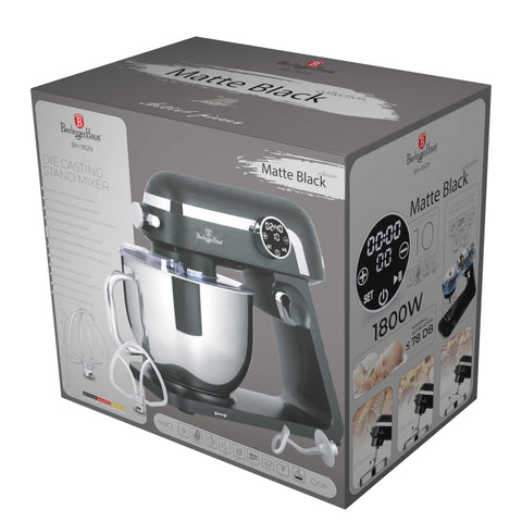 Product image of Kitchen machine. Part of the Black Vantage Collection/Matte Black Collection/Black Silver Collection . Features: • Material: cast aluminium body and stainless steel • 1800 W, 220-240V, 50/60 Hz • Include: • 18/10 stainless steel bowl 7L • Cast aluminium non-st.... (Studio view). Official Berlinger Haus product, boosted by Promintra sl.