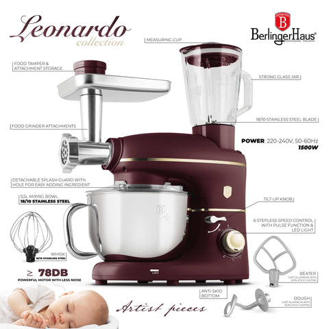 BH/9531, Robot de cocina multifunción 4 en 1, Matt Bordeaux, robot de cocina, multiusos, eléctrico, batidora de pie, robot de cocina, Imagen conceptual: producto y función clave.