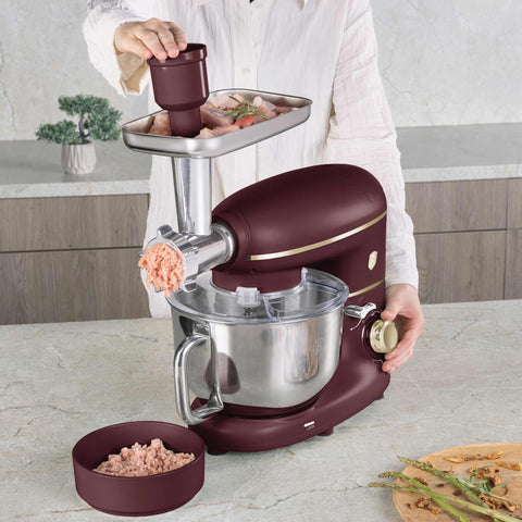 BH/9531, Robot de cocina multifunción 4 en 1, Matt Bordeaux, robot de cocina, multiusos, eléctrico, batidora de pie, robot de cocina, Imagen tipo estilo de vida: detalles y funciones.