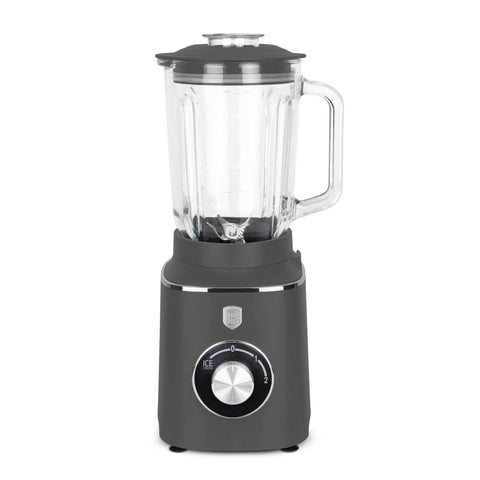Product image of Table blender with 1,5L GLASS jar 1000W. Part of the Anthracite Collection . Features: • Material: plastic, glass • Power: 1000 W • Voltage: 220-240V, 50-60 Hz • 1,5 L glass jar • Color: matt anthracite. (Studio view). Official Berlinger Haus product, boosted by Promintra sl.