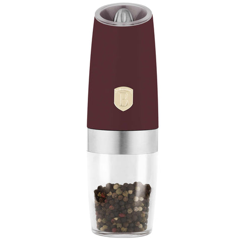 Product image of Gravity pepper and salt mill 2pcs set. Part of the Leonardo Collection . Features: • Material: plastic with CERAMIC grinder • Batteries: 6 pcs AAA (not inc.) • WITH LIGHT • Color: matt bordeaux • 2 pcs set. (Conceptual view). Official Berlinger Haus product, boosted by Promintra sl.
