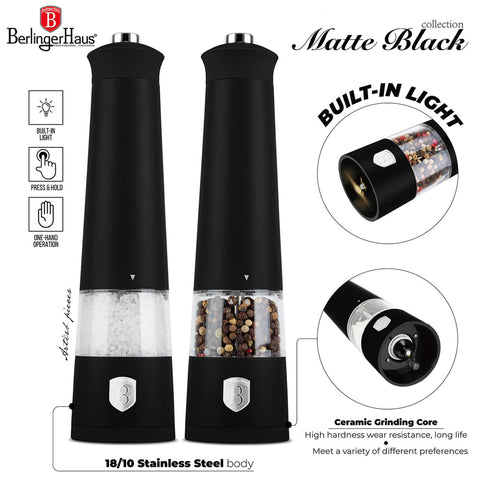 BH/9543, Juego de 2 molinillos eléctricos de sal y pimienta, negro mate, juego de molinillos de sal y pimienta, eléctrico/batería, juego de molinillos eléctricos de sal y pimienta, juego de molinillos de sal y pimienta, utensilios de cocina, molinillo de sal y pimienta