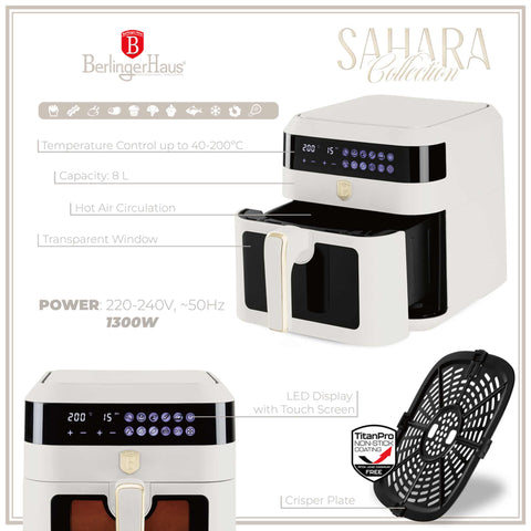 Product image of Air fryer 6,3L visible window. Part of the Sahara Collection . Features: • Power: 220-240V ~ 50Hz 1300W • Temperature control: 80-200℃ • XXL SIZE: Capacity: 6,3L • Non-stick oil tray and food basket - dishwasher safe • D.... (Studio view). Official Berlinger Haus product, boosted by Promintra sl.