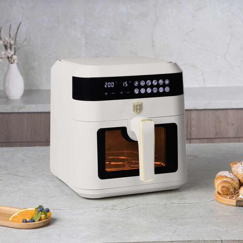 Product image of Air fryer 6,3L visible window. Part of the Sahara Collection . Features: • Power: 220-240V ~ 50Hz 1300W • Temperature control: 80-200℃ • XXL SIZE: Capacity: 6,3L • Non-stick oil tray and food basket - dishwasher safe • D.... (Studio view). Official Berlinger Haus product, boosted by Promintra sl.