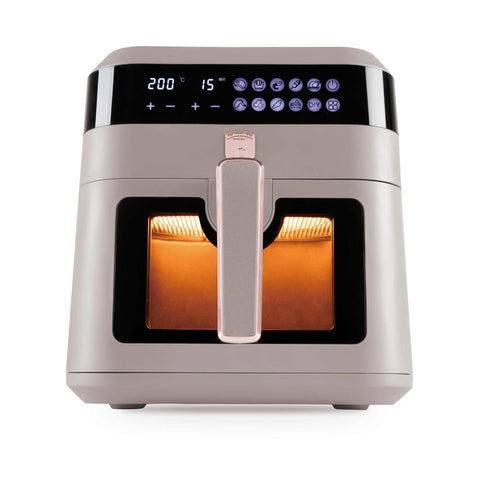 Product image of Air fryer 6,3L visible window. Part of the Taupe Collection . Features: • Power: 220-240V ~ 50Hz 1300W • Temperature control: 80-200℃ • XXL SIZE: Capacity: 6,3L • Non-stick oil tray and food basket - dishwasher safe • D.... (Studio view). Official Berlinger Haus product, boosted by Promintra sl.