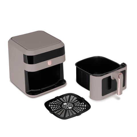 Product image of Air fryer 6,3L visible window. Part of the Taupe Collection . Features: • Power: 220-240V ~ 50Hz 1300W • Temperature control: 80-200℃ • XXL SIZE: Capacity: 6,3L • Non-stick oil tray and food basket - dishwasher safe • D.... (Studio view). Official Berlinger Haus product, boosted by Promintra sl.