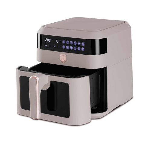 Imagem do produto: Fritadeira a ar de 6,3L com janela visível. Parte da Coleção Taupe. Características: • Potência: 220-240V ~ 50Hz 1300W • Controle de temperatura: 80-200℃ • TAMANHO XXL: Capacidade: 6,3L • Bandeja de óleo e cesto de alimentos antiaderentes - próprios para lava-louças • D.... (Vista de estúdio). Produto oficial Berlinger Haus, com o apoio da Promintra sl.