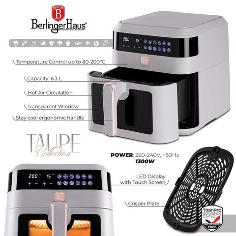 Imagem do produto: Fritadeira a ar de 6,3L com janela visível. Parte da Coleção Taupe. Características: • Potência: 220-240V ~ 50Hz 1300W • Controle de temperatura: 80-200℃ • TAMANHO XXL: Capacidade: 6,3L • Bandeja de óleo e cesto de alimentos antiaderentes - próprios para lava-louças • D.... (Vista de estúdio). Produto oficial Berlinger Haus, com o apoio da Promintra sl.