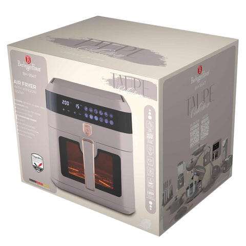 Imagem do produto: Fritadeira a ar de 6,3L com janela visível. Parte da Coleção Taupe. Características: • Potência: 220-240V ~ 50Hz 1300W • Controle de temperatura: 80-200℃ • TAMANHO XXL: Capacidade: 6,3L • Bandeja de óleo e cesto de alimentos antiaderentes - próprios para lava-louças • D.... (Vista de estúdio). Produto oficial Berlinger Haus, com o apoio da Promintra sl.