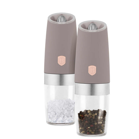 Product image of Gravity pepper and salt mill 2pcs set. Part of the Taupe Collection . Features: • Material: plastic with CERAMIC grinder • Batteries: 6 pcs AAA (not inc.) • WITH LIGHT • Color: matt taupe • 2 pcs set. (Conceptual view). Official Berlinger Haus product, boosted by Promintra sl.