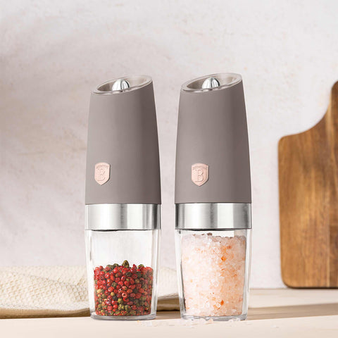 Product image of Gravity pepper and salt mill 2pcs set. Part of the Taupe Collection . Features: • Material: plastic with CERAMIC grinder • Batteries: 6 pcs AAA (not inc.) • WITH LIGHT • Color: matt taupe • 2 pcs set. (Conceptual view). Official Berlinger Haus product, boosted by Promintra sl.