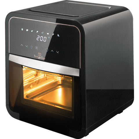 Product image of Air fryer oven 12L. Part of the Black Rose Collection . Features: • Power: 220-240V ~ 50Hz/60Hz 2000W • Temperature control: 30-200℃ • Capacity: 12L • Include: • 3 pcs mesh racks • Fetch tooling • Rotating skewer .... (Studio view). Official Berlinger Haus product, boosted by Promintra sl.