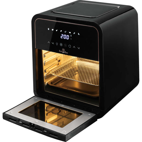 Product image of Air fryer oven 12L. Part of the Black Rose Collection . Features: • Power: 220-240V ~ 50Hz/60Hz 2000W • Temperature control: 30-200℃ • Capacity: 12L • Include: • 3 pcs mesh racks • Fetch tooling • Rotating skewer .... (Studio view). Official Berlinger Haus product, boosted by Promintra sl.