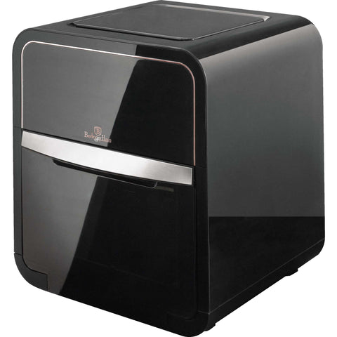 Imagem do forno Air Fryer de 12L. Parte da Coleção Black Rose. Características: • Potência: 220-240V ~ 50Hz/60Hz 2000W • Controle de temperatura: 30-200℃ • Capacidade: 12L • Inclui: • 3 grelhas de malha • Acessório para retirar alimentos • Espeto giratório .... (Vista de estúdio). Produto oficial Berlinger Haus, com o apoio da Promintra sl.