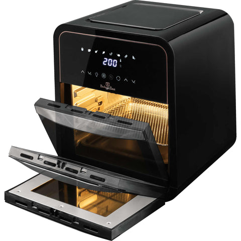 Imagem do forno Air Fryer de 12L. Parte da Coleção Black Rose. Características: • Potência: 220-240V ~ 50Hz/60Hz 2000W • Controle de temperatura: 30-200℃ • Capacidade: 12L • Inclui: • 3 grelhas de malha • Acessório para retirar alimentos • Espeto giratório .... (Vista de estúdio). Produto oficial Berlinger Haus, com o apoio da Promintra sl.