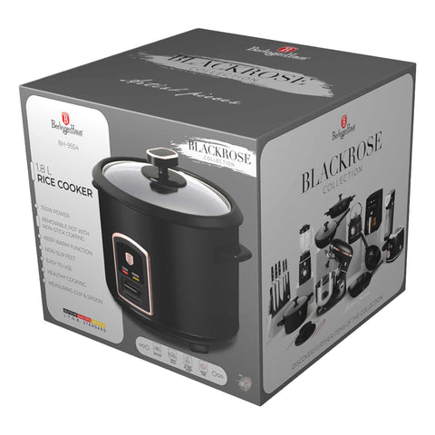 Product image of Electric rice cooker. Part of the Black Rose Collection . Features: • Material: stainless steel, aluminum, glass, plastic • 220-240V 50 / 60Hz 700W • Capacity: 1,8L, 10 cups • Length of power cord: 110 cm • Color: b.... (Studio view). Official Berlinger Haus product, boosted by Promintra sl.