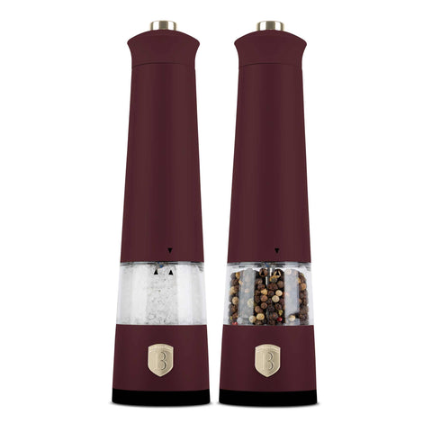 Product image of Electric pepper and salt mill 2pcs set. Part of the Leonardo Collection . Features: • Material: plastic with CERAMIC grinder • Batteries: 4 pcs AAA (not inc.) • WITH LIGHT • Color: matt bordeaux • 2 pcs set. (Conceptual view). Official Berlinger Haus product, boosted by Promintra sl.