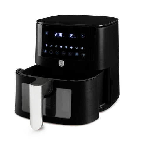 Product image of Air fryer 5L visible window. Part of the Black Vantage Collection/Matte Black Collection/Black Silver Collection/Eternal Collection . Features: • Power: 220-240V ~ 1400W • Temperature control: 40-200℃ • Include: • XL SIZE: food basket with non-stick coating 5L • DIGITAL • Color: matt black. (Studio view). Official Berlinger Haus product, boosted by Promintra sl.