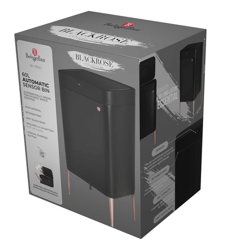 Product image of Sensor bin 60L. Part of the Black Rose Collection . Features: • Material: iron • Size: 76*42*30 cm 60L • Power: 4 pcs AA battery (not included) • Color: matt black- rose gold. (Studio view). Official Berlinger Haus product, boosted by Promintra sl.