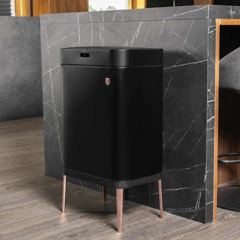 Product image of Sensor bin 60L. Part of the Black Rose Collection . Features: • Material: iron • Size: 76*42*30 cm 60L • Power: 4 pcs AA battery (not included) • Color: matt black- rose gold. (Studio view). Official Berlinger Haus product, boosted by Promintra sl.