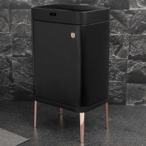 Product image of Sensor bin 60L. Part of the Black Rose Collection . Features: • Material: iron • Size: 76*42*30 cm 60L • Power: 4 pcs AA battery (not included) • Color: matt black- rose gold. (Studio view). Official Berlinger Haus product, boosted by Promintra sl.