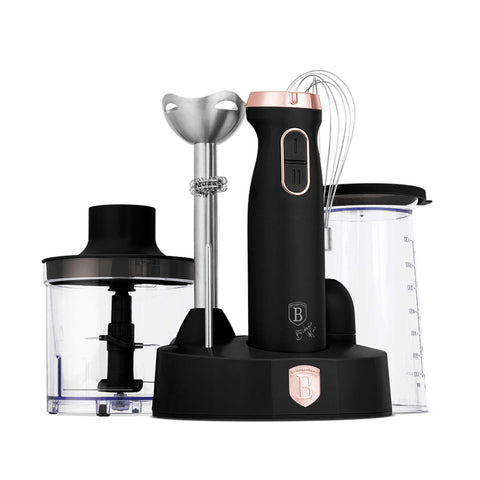 Product image of 6in1 hand blender set. Part of the Black Rose Collection . Features: • Material: stainless steel, plastic • Voltage: 220-240V 50-60Hz • Power: 800W • Include: • Ice-crush blender head • Chopper bowl 500 ml • Measurin.... (Studio view). Official Berlinger Haus product, boosted by Promintra sl.