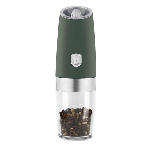 Product image of Gravity pepper and salt mill 2pcs set. Part of the Matte Green Collection . Features: • Material: plastic with CERAMIC grinder • Batteries: 6 pcs AAA (not inc.) • WITH LIGHT • Color: matt green • 2 pcs set. (Conceptual view). Official Berlinger Haus product, boosted by Promintra sl.