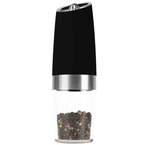 Product image of Gravity pepper and salt mill 2pcs set. Part of the Black Rose Collection . Features: • Material: plastic with CERAMIC grinder • Batteries: 6 pcs AAA (not inc.) • WITH LIGHT • Color: black- rose gold • 2 pcs set. (Conceptual view). Official Berlinger Haus product, boosted by Promintra sl.