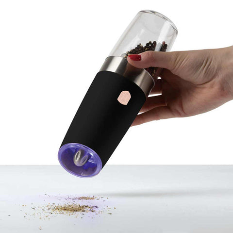 Product image of Gravity pepper and salt mill 2pcs set. Part of the Black Rose Collection . Features: • Material: plastic with CERAMIC grinder • Batteries: 6 pcs AAA (not inc.) • WITH LIGHT • Color: black- rose gold • 2 pcs set. (Conceptual view). Official Berlinger Haus product, boosted by Promintra sl.