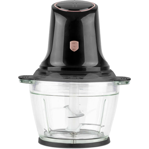 Product image of Multi chopper with glass bowl. Part of the Black Rose Collection . Features: • Material: stainless steel, glass, plastic • Power: 500 W • 220-240 V 50 Hz • Bowl capacity: 1,3L • Working capacity: 1L • Color: black- rose gold. (Studio view). Official Berlinger Haus product, boosted by Promintra sl.