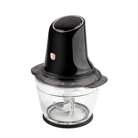 Product image of Multi chopper with glass bowl. Part of the Black Rose Collection . Features: • Material: stainless steel, glass, plastic • Power: 500 W • 220-240 V 50 Hz • Bowl capacity: 1,3L • Working capacity: 1L • Color: black- rose gold. (Studio view). Official Berlinger Haus product, boosted by Promintra sl.