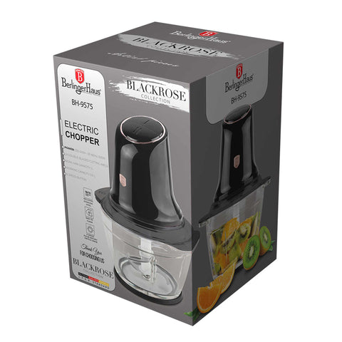 Product image of Multi chopper with glass bowl. Part of the Black Rose Collection . Features: • Material: stainless steel, glass, plastic • Power: 500 W • 220-240 V 50 Hz • Bowl capacity: 1,3L • Working capacity: 1L • Color: black- rose gold. (Studio view). Official Berlinger Haus product, boosted by Promintra sl.