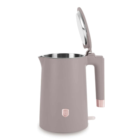 Product image of Double wall kettle. Part of the Taupe Collection . Features: • Material: 18/10 stainless steel inside, plastic outside • Capacity: 1,7L • Voltage: 220-240V,50/60Hz • Power: 1800 W • Color: matt taupe. (Studio view). Official Berlinger Haus product, boosted by Promintra sl.