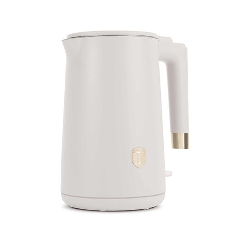 Product image of Double wall kettle. Part of the Sahara Collection . Features: • Material: 18/10 stainless steel inside, plastic outside • Capacity: 1,7L • Voltage: 220-240V,50/60Hz • Power: 1800 W • Color: matt cream. (Studio view). Official Berlinger Haus product, boosted by Promintra sl.
