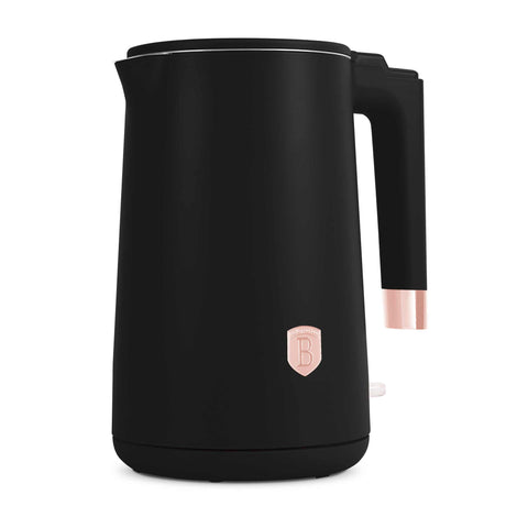 Product image of Double wall kettle. Part of the Black Rose Collection . Features: • Material: 18/10 stainless steel inside, plastic outside • Capacity: 1,7L • Voltage: 220-240V,50/60Hz • Power: 1800 W • Color: black- rose gold. (Studio view). Official Berlinger Haus product, boosted by Promintra sl.