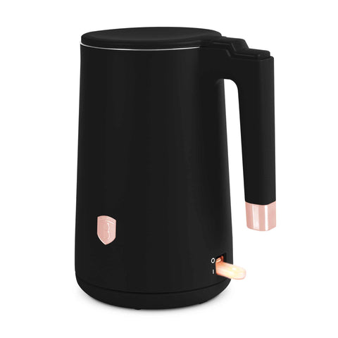 Product image of Double wall kettle. Part of the Black Rose Collection . Features: • Material: 18/10 stainless steel inside, plastic outside • Capacity: 1,7L • Voltage: 220-240V,50/60Hz • Power: 1800 W • Color: black- rose gold. (Studio view). Official Berlinger Haus product, boosted by Promintra sl.