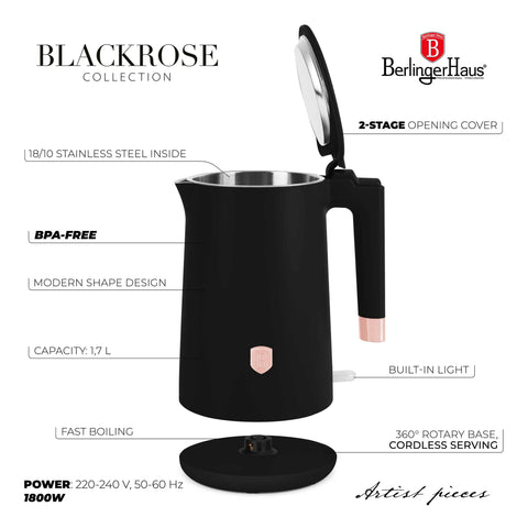Product image of Double wall kettle. Part of the Black Rose Collection . Features: • Material: 18/10 stainless steel inside, plastic outside • Capacity: 1,7L • Voltage: 220-240V,50/60Hz • Power: 1800 W • Color: black- rose gold. (Studio view). Official Berlinger Haus product, boosted by Promintra sl.
