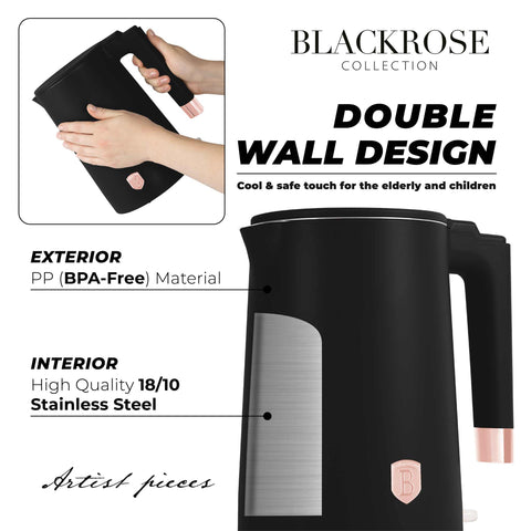 Product image of Double wall kettle. Part of the Black Rose Collection . Features: • Material: 18/10 stainless steel inside, plastic outside • Capacity: 1,7L • Voltage: 220-240V,50/60Hz • Power: 1800 W • Color: black- rose gold. (Studio view). Official Berlinger Haus product, boosted by Promintra sl.