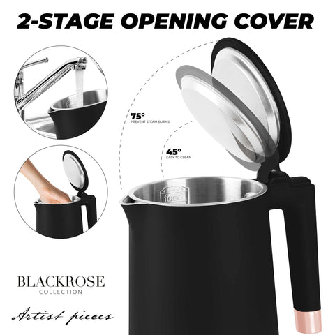 Product image of Double wall kettle. Part of the Black Rose Collection . Features: • Material: 18/10 stainless steel inside, plastic outside • Capacity: 1,7L • Voltage: 220-240V,50/60Hz • Power: 1800 W • Color: black- rose gold. (Studio view). Official Berlinger Haus product, boosted by Promintra sl.