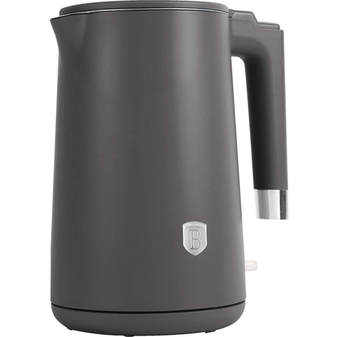 Imagem do produto: Chaleira de parede dupla. Parte da Coleção Antracite. Características: • Material: aço inoxidável 18/10 no interior, plástico no exterior • Capacidade: 1,7L • Voltagem: 220-240V, 50/60Hz • Potência: 1800 W • Cor: antracite fosco. (Imagem de estúdio). Produto oficial Berlinger Haus, com o apoio da Promintra sl.