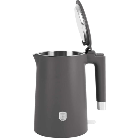 Imagem do produto: Chaleira de parede dupla. Parte da Coleção Antracite. Características: • Material: aço inoxidável 18/10 no interior, plástico no exterior • Capacidade: 1,7L • Voltagem: 220-240V, 50/60Hz • Potência: 1800 W • Cor: antracite fosco. (Imagem de estúdio). Produto oficial Berlinger Haus, com o apoio da Promintra sl.