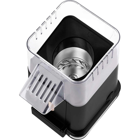 Imatge del producte de la màquina de crispetes. Part de la col·lecció Black Rose. Característiques: • Material: acer inoxidable i plàstic • 100-240 V, 50/60 Hz, 1100 W • Color: negre-or rosa. (Vista d'estudi). Producte oficial de Berlinger, impulsat per Promintra sl.