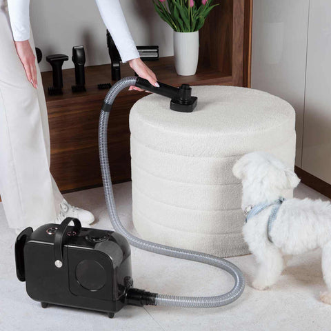 Product image of Pet grooming vacuum cleaner. Part of the Black Rose Collection . Features: • Power: 220-240V, 50-60Hz, 350W • Dust capacity: 2,2L • Accessories: • Hair remover roller • Crevice tool • Deshedding brush • Grooming brush • El.... (Studio view). Official Berlinger Haus product, boosted by Promintra sl.
