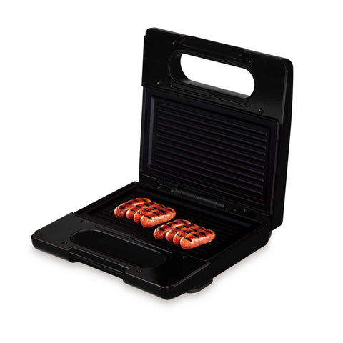 Product image of 3in1 sandwich maker with detachable plates. Part of the Black Rose Collection . Features: • Material: aluminium, bakelite • Power: 780 W • Voltage: 220-240 V, 50/60Hz • Plate size: 22,5*13 cm • NON-STICK coating • Color: black- rose gold. (Studio view). Official Berlinger Haus product, boosted by Promintra sl.