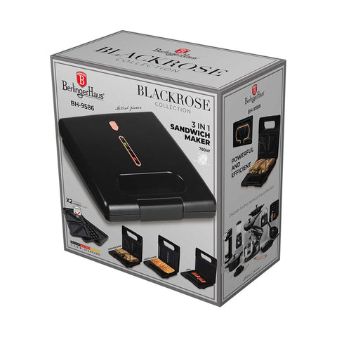 Product image of 3in1 sandwich maker with detachable plates. Part of the Black Rose Collection . Features: • Material: aluminium, bakelite • Power: 780 W • Voltage: 220-240 V, 50/60Hz • Plate size: 22,5*13 cm • NON-STICK coating • Color: black- rose gold. (Studio view). Official Berlinger Haus product, boosted by Promintra sl.