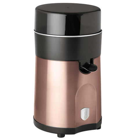 Product image of Juice extractor. Part of the Metallic Line Rose Gold Edition . Features: • Citrus juicer • Material: stainless steel • 85W • Juice cup 300 ml • 2 pcs squeezer attachments • Length of power cord: 80 cm • Color: rose gold. (Studio view). Official Berlinger Haus product, boosted by Promintra sl.