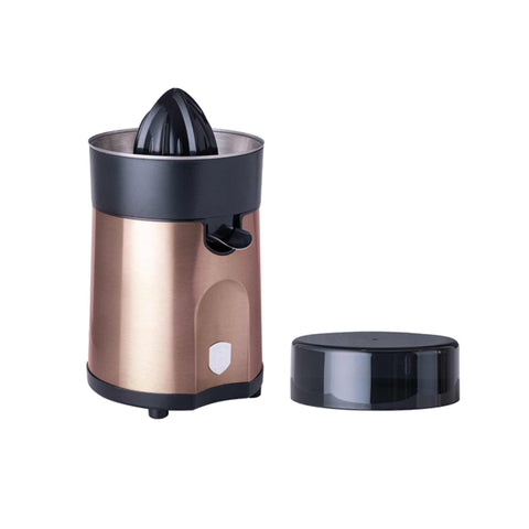 Product image of Juice extractor. Part of the Metallic Line Rose Gold Edition . Features: • Citrus juicer • Material: stainless steel • 85W • Juice cup 300 ml • 2 pcs squeezer attachments • Length of power cord: 80 cm • Color: rose gold. (Studio view). Official Berlinger Haus product, boosted by Promintra sl.