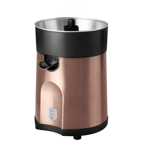Product image of Juice extractor. Part of the Metallic Line Rose Gold Edition . Features: • Citrus juicer • Material: stainless steel • 85W • Juice cup 300 ml • 2 pcs squeezer attachments • Length of power cord: 80 cm • Color: rose gold. (Studio view). Official Berlinger Haus product, boosted by Promintra sl.