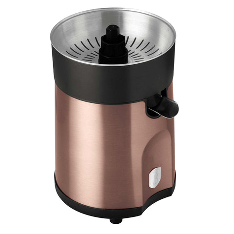 Product image of Juice extractor. Part of the Metallic Line Rose Gold Edition . Features: • Citrus juicer • Material: stainless steel • 85W • Juice cup 300 ml • 2 pcs squeezer attachments • Length of power cord: 80 cm • Color: rose gold. (Studio view). Official Berlinger Haus product, boosted by Promintra sl.